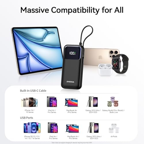 10,000 m Ah Portable Power Bank with Integrated USB-C Cable – Ultra-Fast Charging Solution for i Phone 16/15, Mac Book, Galaxy, i Pad & Air Pods – Your Essential Travel Power Companion with Superior Device Compatibility and Speed