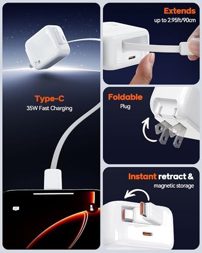 Compact 35 W Retractable USB C Wall Charger with Extendable Cable – Fast Charging Solution for i Phone 16, Galaxy S24/S25, Perfect for Home, Office, and Travel – Tangle-Free Design with Enhanced Compatibility and Durability