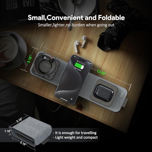 3-in-1 Magnetic Wireless Charging Station – Foldable Travel Charger for i Phone 12/13/14/15, Apple Watch SE/S7/S8/S9/Ultra, and Air Pods – Enhanced Mag Safe Compatibility with Smart Charging Zones for Maximum Efficiency