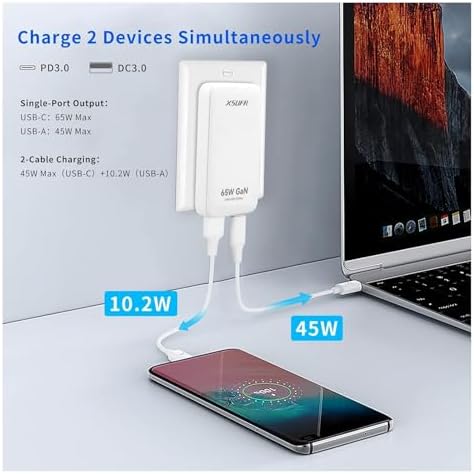 Ultra-Fast 65 W Flat USB-C Wall Charger – Dual Port Travel Adapter for Laptops, Tablets & Smartphones – Compact Design for Enhanced Portability – Safe & Reliable Charging Solution in Stylish Black