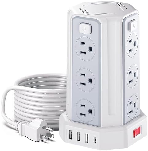 SMALLRT Power Tower Surge Protector – 10 Ft Extension Cord with 12 AC Outlets & 4 USB Ports (1 USB-C) – Ultimate Charging Station for Home & Office – Enhanced Device Compatibility & Safety