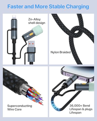 SOOPII 100 W 6.6 FT 4-in-1 Multi-USB C Charging Cable – Fast Charging Solution with USB-C, USB-A, and Lightning Connectors – Durable Nylon Braided Design for Phones, Tablets, and Laptops – Ultimate Versatility for Home and Travel