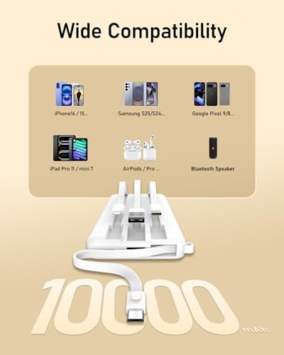 VEEKTOMX 10,000 m Ah Portable Power Bank with Integrated Charging Cables – Slim, Lightweight Fast Charger for i Phone, Samsung, and Android Devices – Essential Travel Companion with Intelligent Charging Technology for On-the-Go Convenience