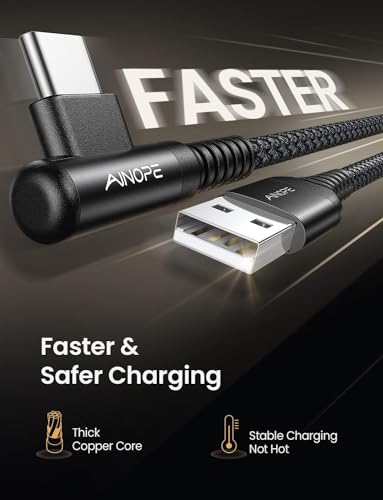 AINOPE Right Angle USB C Cable – 2-Pack (10 ft + 10 ft) Fast Charging 3.1 A Nylon Braided Charger for Enhanced Device Compatibility, Ideal for Gaming and Multitasking, Durable Black Design
