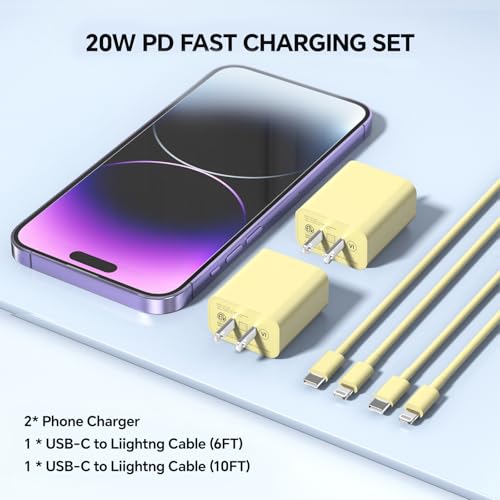 20 W Fast Charging Wall Charger Kit for i Phone 16/15 – 2 Pack USB-C to Lightning Cable Set with 6 ft & 10 ft Cables in Vibrant Yellow – Ultimate Power Delivery for i Phone 16 Pro Max, 15 Plus & i Pad Pro – Portable & Stylish Charging Solution