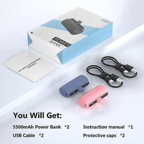 Dual Pack 5500 m Ah Mini Portable Charger for i Phone – Ultra-Compact Power Bank with PD Fast Charging in Stylish Black & Pink – Perfect Travel Accessory for i Phone 14/13/12/11/X/8/7/6 – Enhanced Compatibility & Convenience for On-the-Go Power