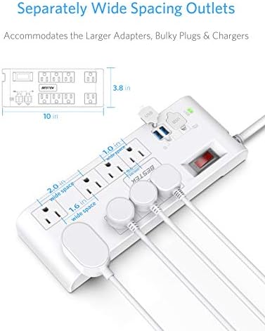 BESTEK 8-Outlet Power Strip with 5-Foot Extension Cord: Multi-Port USB Charging Hub Featuring 3 USB-A (2.4 A) & 1 USB-C (3 A) | 1625 W Max Output with 600 Joule Surge Protection for Enhanced Device Safety | Ultra-Compact Design for Home & Office Efficiency
