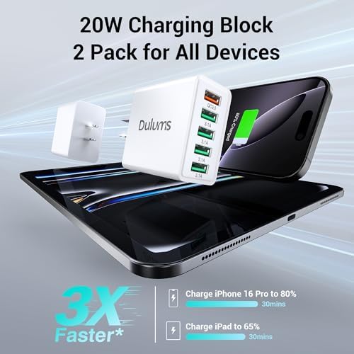 50 W Multiport USB Wall Charger Block – Dual Pack 5-Port Fast Charging Adapter with QC 3.0 Technology for i Phone 16/15/14 Pro Max, i Pad, Galaxy, Android – Compact & Safe Power Solution for Multi-Device Convenience
