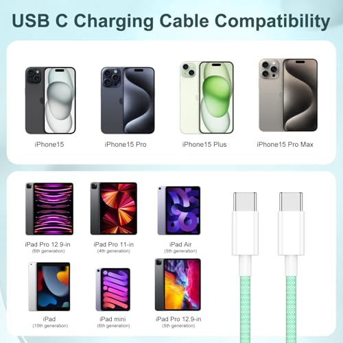 Premium 10 ft USB C to C Fast Charging Cable – 60 W High-Speed Charger for Apple i Phone 16 Pro Max, Mac Book Pro, i Pad & Samsung Galaxy – Durable, Flexible, and Stylish Green Design for Enhanced Device Compatibility and Rapid Power Delivery