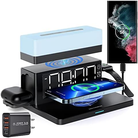 Ultimate 6-in-1 Wireless Charging Station with Digital Alarm Clock and Adjustable LED Night Light – 15 W Fast Charger for i Phone 16/15/14/13/12/11, Samsung Galaxy, Air Pods & Apple Watch Compatibility – Stylish Multi-Device Charging Hub with Cable Management, 13 LED Modes, and Enhanced Safety Features for Home, Office, and Travel Use