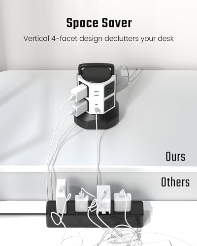 JACKYLED Power Strip Tower Surge Protector with 12 Outlets and 6 USB Ports (2 USB-C) – High-Speed Charging Station with 1050 Joules Protection, 1625 Watts, 6.5 ft Extension Cord for Enhanced Home Office Efficiency and Device Safety