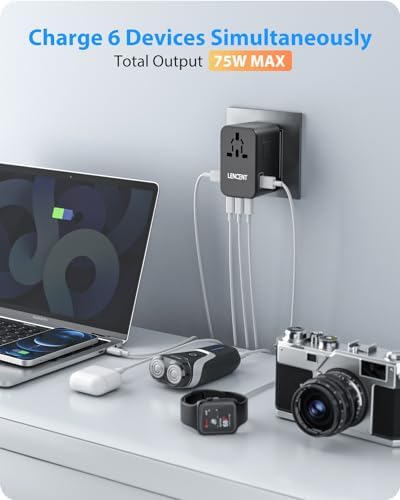LENCENT 70 W Universal Travel Adapter – High-Efficiency Ga N Fast Charger with Triple PD3.0 Type-C Ports & Dual QC USB-A Outlets for Global Power Needs – Compact Power Converter Compatible with EU, USA, UK, AU Devices – Perfect for Laptops, Phones & Tablets on the Go