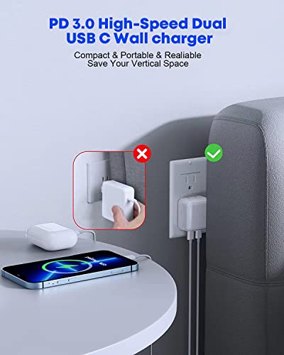 40 W High-Speed Dual USB C Wall Charger for Apple Devices – Fast Charging i Phone & i Pad Adapter with Foldable Plug, Includes Lightning and USB C to C Cables for Enhanced Compatibility and Convenience