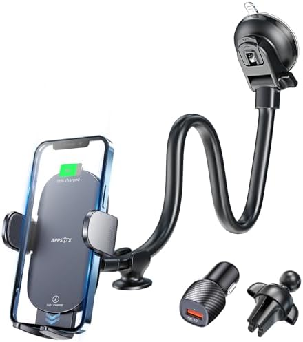 APPS2 15 W Fast Wireless Car Charger & Phone Holder – Versatile Mounting for i Phone 15 Pro Max/Plus, Samsung, LG & More – Ultimate Convenience for Safe Driving with Intelligent Charging Technology – Adjustable Dashboard, Windshield, and Air Vent Compatibility