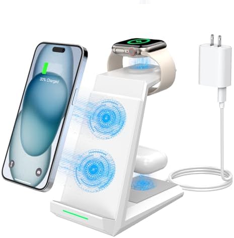 Ultimate 3-in-1 Wireless Charging Station for Apple Devices – Fast Charging Dock for i Phone 16/15/14/13/12/11 Pro Max Plus with Apple Watch Series 8/7/SE/6/5/4/3/2 and Air Pods Pro/3/2 – Includes 5 ft Cable & Adapter for Optimal Performance and Enhanced Compatibility – Sleek Design for Home, Office, and Travel – Elevate Your Charging Experience with Clutter-Free Convenience and Rapid Power Solutions
