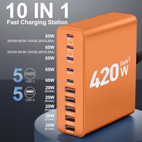 Ultimate 420 W Ga N Multi-Device Charging Hub – 10-Port USB C & A Wall Charger for Mac Book, i Phone, i Pad, Dell XPS, and Samsung Galaxy – Rapid Smart Charging Station with Advanced Safety Features for Efficient Power Management