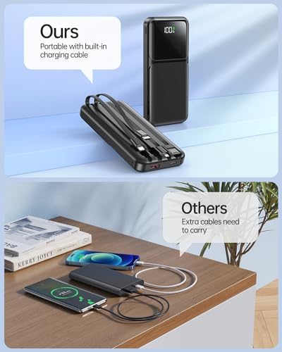 Ultra-Slim 10,000 m Ah Portable Power Bank with Built-in Cable – Fast Charging USB-C Travel Charger for i Phone, Samsung, Android & i Pad – Essential Battery Pack with Enhanced Compatibility and LED Indicator