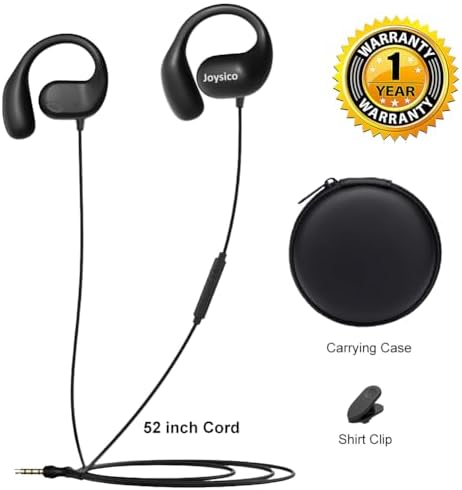 Joyico Comfort Fit Wired Open Ear Headphones with Microphone – Ultra Lightweight Sports Earbuds Featuring Secure Wrap-Around Design & Volume Control for Active Lifestyles – Enhanced Sound Quality & Environmental Awareness for Running and Fitness Enthusiasts