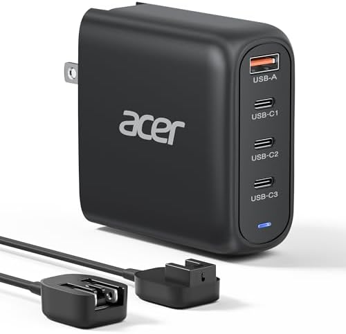 Acer 100 W Ga N II USB-C Charger with 4-Port Extension Cable – Ultra-Fast Charging for Mac Book Pro/Air, i Phone 16, Galaxy S24, i Pad Pro, Acer Nitro 5 – Compact & Versatile Power Solution for Home, Office, and Travel – Safe, Efficient, and Convenient Charging with Foldable Design and Removable Cord