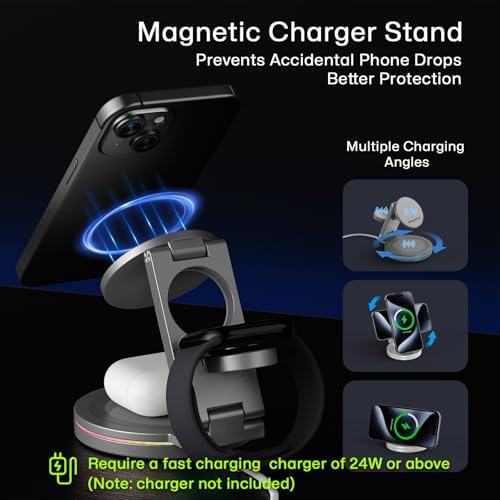 Revolutionary 3-in-1 Wireless Charger Hub for i Phone, Apple Watch & Air Pods – 10 W Fast Charging, 360-Degree Rotating Zinc Alloy Design, Foldable & Magnetic for Ultimate Convenience and Compatibility with i Phone 12-16 Series