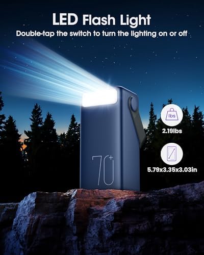 Ultra High-Capacity 70000 m Ah Power Bank – 22.5 W Fast Charging Portable Charger with LED Display & Built-In Flashlight – Ideal for Camping, Travel, and Emergency Use – Multiple Outputs for i Phone, Samsung, i Pad, and More – Stay Connected Anywhere with Long-Lasting Power Solution – Lightweight Design with Convenient Carry Strap and Real-Time Power Monitor – Comprehensive Safety Features Including Overcharge and Short Circuit Protection – Perfect for Outdoor Adventures and Unexpected Power Outages – Includes USB-C Charging Cable and 2-Year Customer Support for Peace of Mind