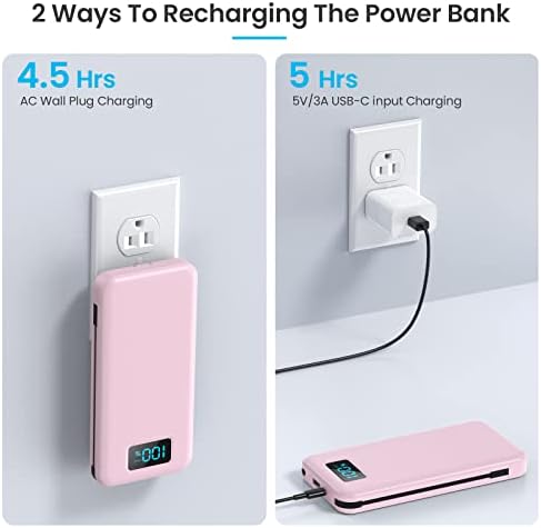 Ultra-Slim 13800 m Ah Portable Charger with Built-in Cables & AC Plug – Multi-Device USB-C Power Bank with 4 Outputs & LCD Display for i Phone, Samsung, and Android – Effortless Charging on the Go