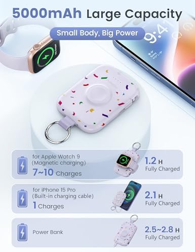 Compact RORRY 5000 m Ah Portable Charger Power Bank with Integrated Cables – Sleek Keychain Battery Pack for i Phone 16/15/14/13/12 and Apple Watch Ultra Series, Ultimate Travel Companion with Fast Charging and Modern Design