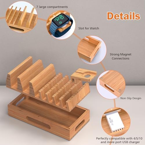 Bamboo Charging Station Organizer with 5-Port USB Hub and Charging Cables – Elegant Multi-Device Dock for Phones, Tablets, and Smartwatches – Eco-Friendly and Efficient Charging Solution for Home and Office Decor