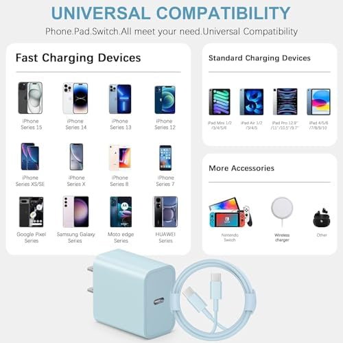 20 W USB-C Fast Charging Block Set for i Phone 16 & 15 Series – 3-Pack with 6 ft Durable Cables for Rapid Power Delivery – Perfect for i Phone, Air Pods, and i Pad – Compact, Versatile Charging Solution for On-the-Go Users