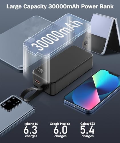 30000 m Ah Portable Power Bank – High-Capacity Fast Charger with Dual Built-In Cables for i Phone 15/14/13, Samsung Galaxy, and i Pad – 22.5 W PD QC4.0 Quick Charge Technology – Sleek Black Design for On-the-Go Charging