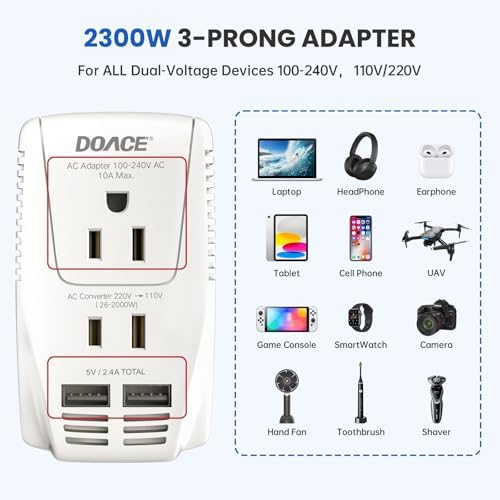 Ultimate 2000 W European Travel Power Converter – Versatile Universal Adapter for Hair Tools and Electronics with Global Compatibility (EU, UK, AU, US) – Rapid Turbo Charging for Laptops, Smartphones, and Cameras – Advanced Safety Features to Prevent Overheating & Short Circuits – Lightweight & Compact Design for Effortless Packing and Mobility