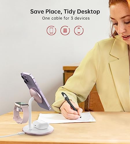 Sleek Yellow Wood Grain 3-in-1 Wireless Charging Station for Apple Devices – Fast 15 W Mag-Safe Charger with QC 3.0 Adapter for i Phone 16/15/14/13/12, Apple Watch Ultra/S9/8, and Air Pods – Elevate Your Workspace with Ultimate Compatibility and Modern Aesthetics, Perfect for Streamlined Charging Solutions