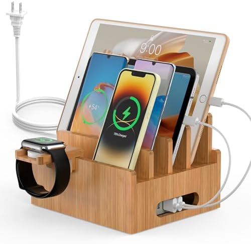 Eco-Friendly Bamboo Multi-Device Charging Station by Pezin & Hulin – Ultimate Organizer for Smartphones, Tablets & Smartwatches with 5 High-Quality Charging Cables – Efficient, Clutter-Free Design for Home or Office Use