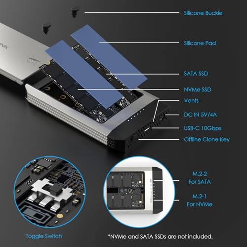 WAVLINK 20 Gbps Dual-Bay M.2 SSD Cloner – Tool-Free NVMe Duplicator for PCIe 2230/2242/2260/2280, Effortless Offline Cloning for Up to 8 TB SSDs, Compatible with AHCI, Streamline Your Data Management with Superior Speed and Efficiency