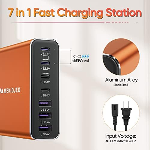 Elevate Your Charging Game with the 65 W Ga N 7-Port Aluminum USB-C Power Hub – High-Speed Multi-Device Charger for Mac Book Pro, i Pad Pro, and i Phone – Lightweight, Travel-Friendly Design with Advanced Safety Features for Efficient Power Delivery