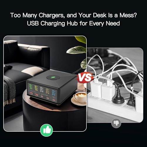 160 W Multi-Port USB Charging Station with Wireless Pad & Real-Time Digital Monitor – Advanced PD 3.0 Fast Charging Hub for Home and Office Efficiency – Elevate Your Device Power Management with Sleek Design and Versatile Compatibility