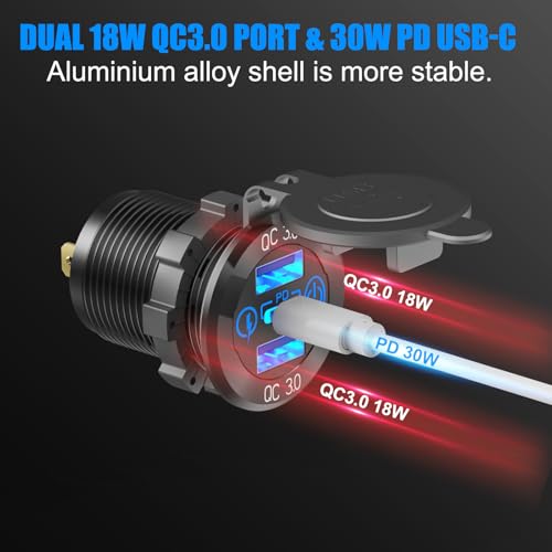 Transform Your Charging Experience with the 12 Volt USB Outlet RV Accessory – Dual PD30 W & QC18 W Ports, 150 W Cigarette Lighter Socket, Integrated Blue LED Voltmeter, and Rocker Switch for Seamless Operation – Durable Aluminum 4 IN 1 DIY Kit for RV and Marine Adventures