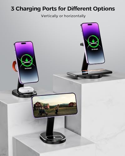 Ultimate 3-in-1 Magnetic Mag-Safe Wireless Charger for i Phone 15, 14, 13, 12 Pro Max, Mini, and Plus – 15 W Fast Charging Station with Aluminum Alloy Stand for Apple Watch & Air Pods – Streamlined Multi-Device Charging Solution with Enhanced Compatibility and Modern Design
