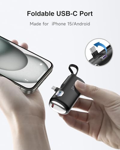 Compact 5000 m Ah Mini Power Bank with Integrated Foldable USB-C Connector – 22.5 W Fast Charging Portable Charger for i Phone 16/15/14/13/12/11, Samsung, Huawei, i Pad & More – Ultimate Solution for On-the-Go Power and Convenience