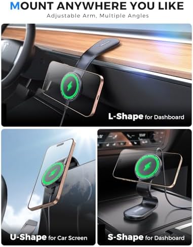 eSamcore for Magsafe Car Mount Charger, Wireless Magnetic Car Phone Holder Detachable 15W Fast Charging for Dashboard with Bendable Aluminum Arm Only Fit iPhone 16 15 14 13 12 Pro Max Mini – Enhanced Compatibility and Speed
