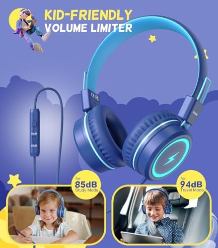 Kid-Friendly USB Type C Headphones with LED Lights – Safe Volume Limiter (85 d B/94 d B) for School Use, Foldable On-Ear Design for Comfort and Portability, Integrated Microphone for Learning and Gaming Fun – Perfect for i Pad and More