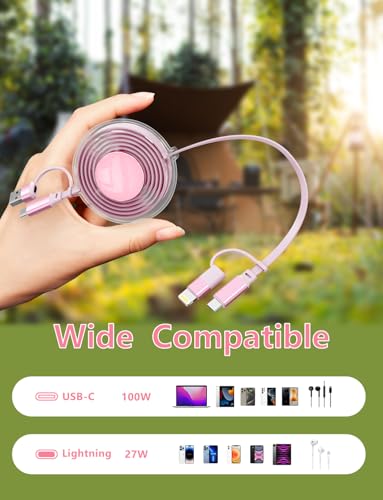 Opluz 100 W Pink Retractable USB C and Lightning Charging Cable – Dual Connector Fast Charging Solution for i Phone and Galaxy – Tangle-Free Design for Car and Travel – Enhanced Compatibility with Car Play and Android Auto