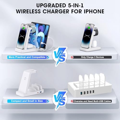 Revolutionize Your Charging Routine with the 5-in-1 Wireless Charging Station for i Phone – Fast, Efficient Dock for i Phone 16, 15, 14, 13, 12 Pro Max, Apple Watch, and Air Pods – Enhanced Compatibility, Intelligent Power Delivery, and Sleek Design for Clutter-Free Convenience