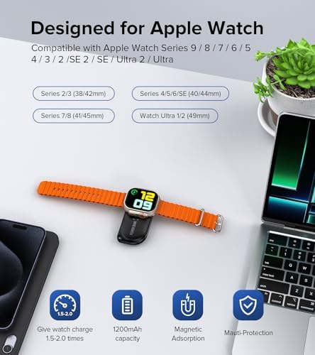 Ultra-Light Magnetic Power Bank for Apple Watch – 1200 m Ah Travel Charger with Rapid Charge for i Watch Series 9/8/Ultra/7/6/5/4/3/2/SE – Essential On-the-Go Smartwatch Accessory for Effortless Charging and Enhanced Compatibility