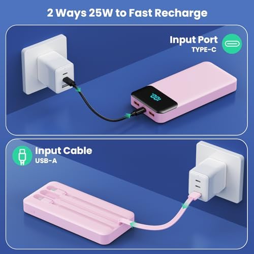 High-Capacity 40800 m Ah Portable Charger with Integrated Cables – Fast PD 25 W USB-C & QC4.0 Power Bank for i Phone 15/16 and Samsung – Smart LED Indicator, 5 Outputs for Multi-Device Charging – Ultimate Travel Companion for On-the-Go Power Solutions