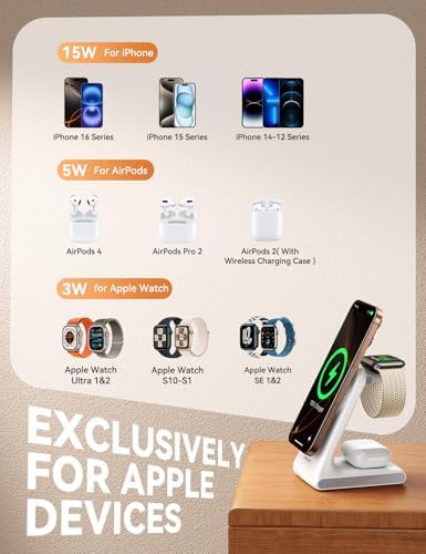 Revolutionize Your Charging Routine with JOYROOM 3-in-1 Wireless Charging Station – Fast 15 W Power Hub for i Phone 16, 15, 14, 13, Apple Watch, and Air Pods – Mag Safe Compatible with Sleek Design for Organized Tech Space and Enhanced Device Protection