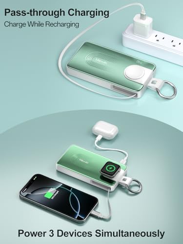 Mavulo Ultra-Fast Wireless Power Bank for Apple Devices – 10000 m Ah Portable Keychain Charger with Retractable USB-C Cable, 20 W Quick Charge Capability, LED Battery Indicator – Compatible with i Phone 15/16, i Pad, Air Pods Pro, and Apple Watch – Sleek Black Design for On-the-Go Power Solutions