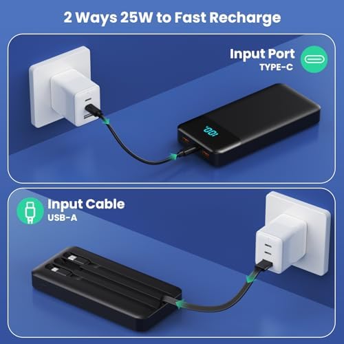 High-Capacity 40800 m Ah Portable Charger with Integrated Cables – Fast PD 25 W USB-C & QC4.0 Power Bank for i Phone 15/16 and Samsung – Smart LED Indicator, 5 Outputs for Multi-Device Charging – Ultimate Travel Companion for On-the-Go Power Solutions