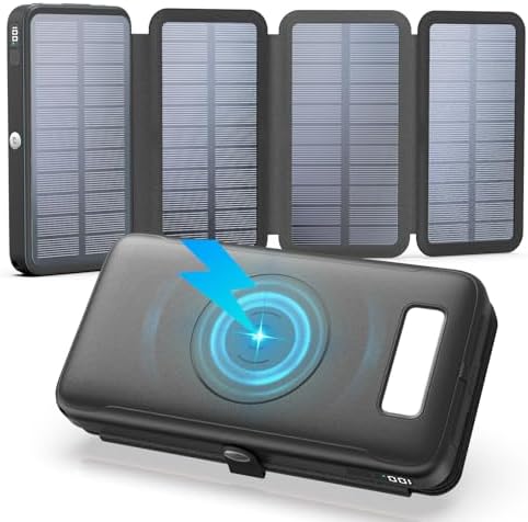 Ultimate FEELLE Solar Power Bank – 27,000 m Ah High-Capacity Wireless Charger with 4 Efficient Solar Panels, 22.5 W Fast Charging, Dual USB-C Ports, Ideal for Outdoor Adventures and All Smartphones – Stay Connected Anywhere