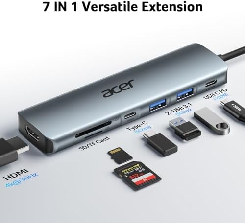Acer 7-in-1 USB C Hub with 4 K HDMI Splitter – Ultimate Connectivity Solution for Laptops & PCs – Fast 5 Gbps Data Transfer, PD 100 W Charging & SD Card Reader – Transform Your Workspace with Enhanced Performance and Versatility